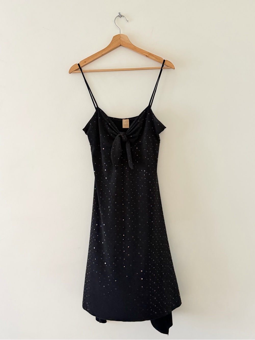 Y2K Handkerchief hem Midi Spaghetti Strap Stretchy Fitted Dress Shiny Polka Dot - Picture 1 of 6